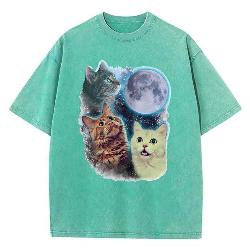 Funny T Shirt Vintage Washed  Cotton TShirt Cat Moon Star Graphic Tee Casual Streetwear Spring Summer Top Tee