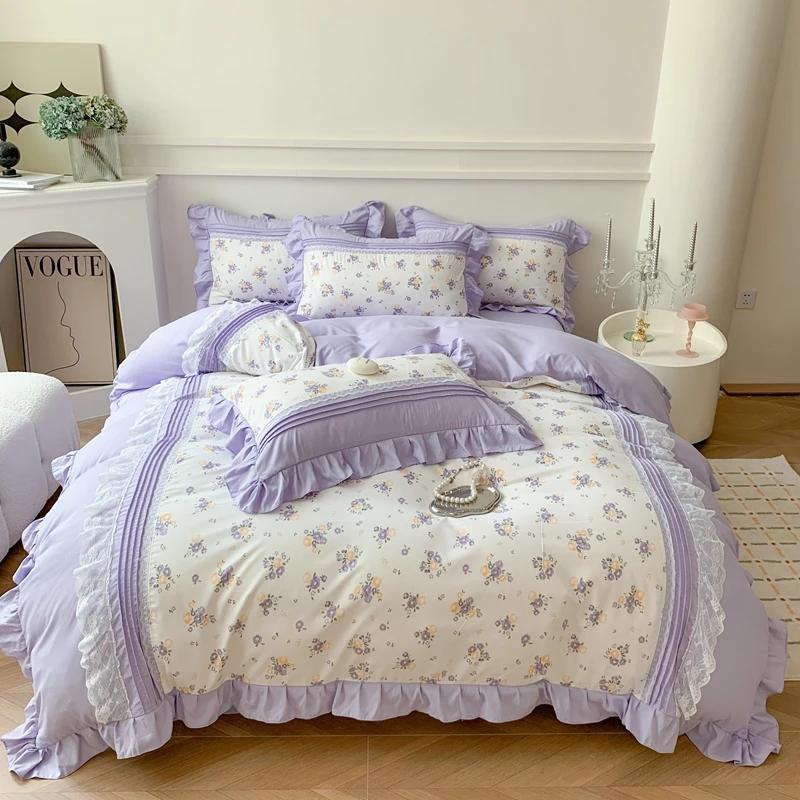 4Pcs Princess Bow Korean Duvet Cover With Ruffle Lace Luxury Bedding Set Bed Sheet For Girls Flower Bedspread Decor Home