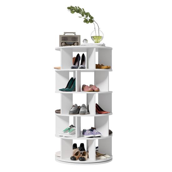 Shoe Rack Rotatable Angle White Finish Round 5 Tiers Stable Base Large Capacity Wooden Shoes Storage Stand Home