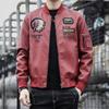 Men's Pu Leather Jacket Baseball Collar Embroidered Motorcycle Jacket Spring and Autumn Men's Casual Trendy Leather Jacket