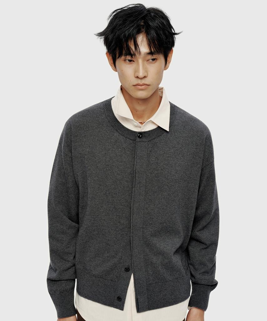 YOUTH Hidden Button Round Neck Cardigan - Charcoal Gray
