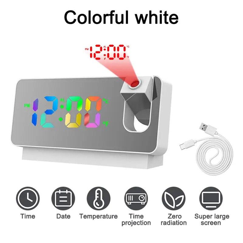 Multifunctional 180° Rotating Projection Creative Alarm Clock LED Silent Colour Screen Bedroom Ceiling Projection Gift