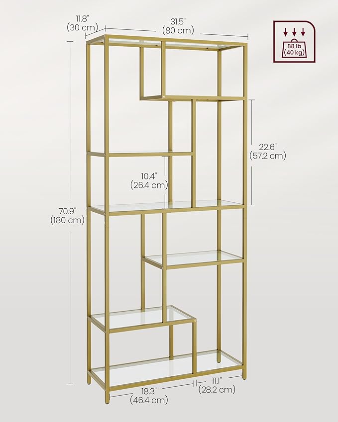 VASAGLE Bookshelf, 6-Tier Tall Bookcase, Plant Stand, Display Shelf, 30 x 80 x 180 cm, Tempered Glass, for Study, Office, Living Room, Bedroom