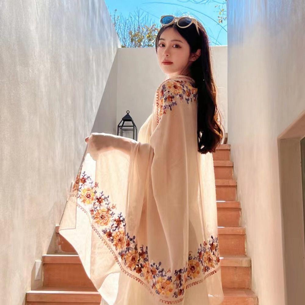 Flower Embroidery Summer Hijab Sun Protection Shawls and Wraps Ethnic Style Women Beach Scarf