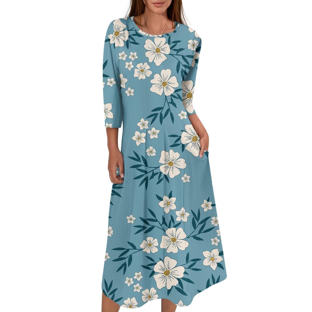 Женское модное повседневное миди-платье с круглым вырезом и рукавами три четверти