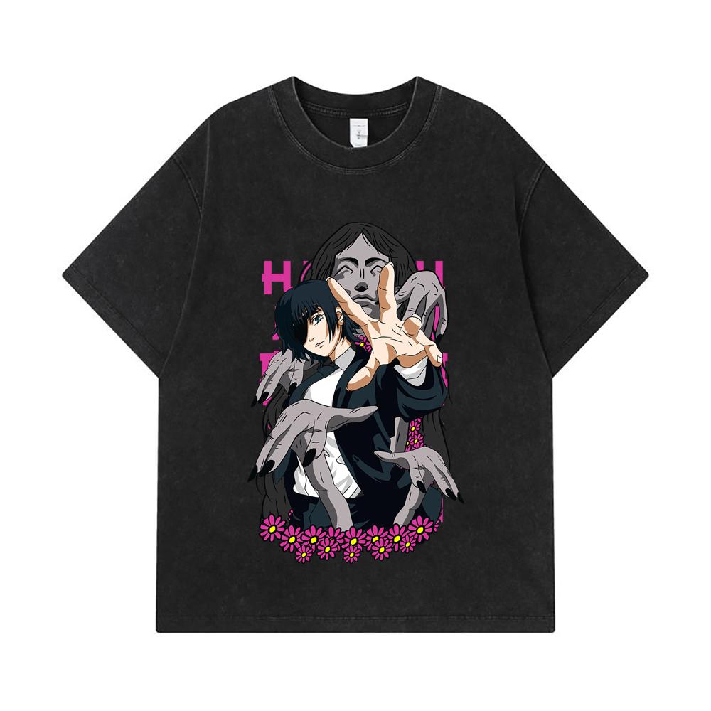 275 GSM Washed T-shirts 100% Cotton Chainsaw Man V24 Himeno Print Unisex Heavy Cotton T Shirt