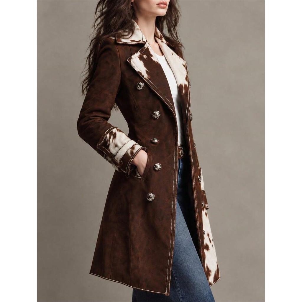 Women's Western Style Long Trench Coat Turn Down Collar Button Pockets Solid Color Long Sleeve Regular Fit Fall Outerwear Casual Daily Wear