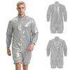 Men Waterproof Vinyl Swim Club Bodysuit Mock Neck Long Sleeve Front Zipper Ruffled Short Leg Leotard Diaper Cover Wear