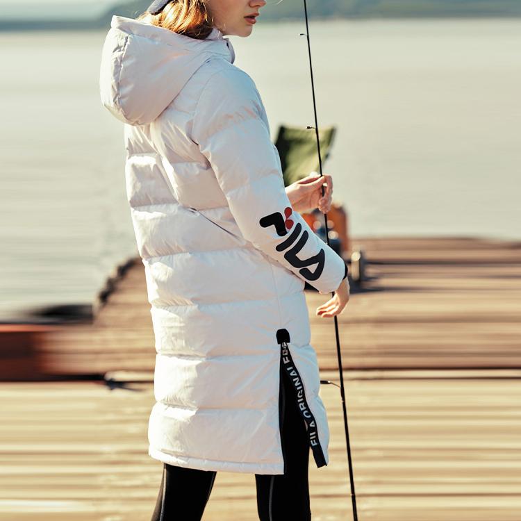 Fila Sports Warm Printed Logo Mid-Length Hooded Down Jacket Women Outerwear White F51W048940FWT
