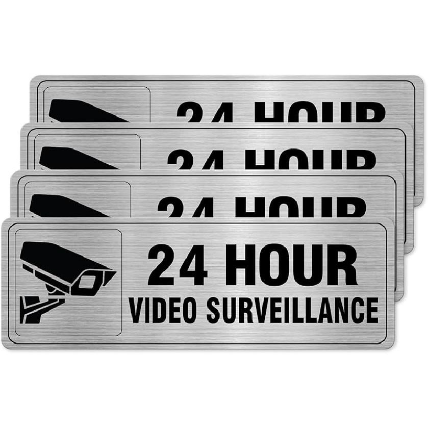 24 Hour Video Surveillance Sign Aluminum Silver 9 x 3 Inches Self-Adhesive Waterproof Metal Door Wall Sign for Business Restaurants 4 Pack