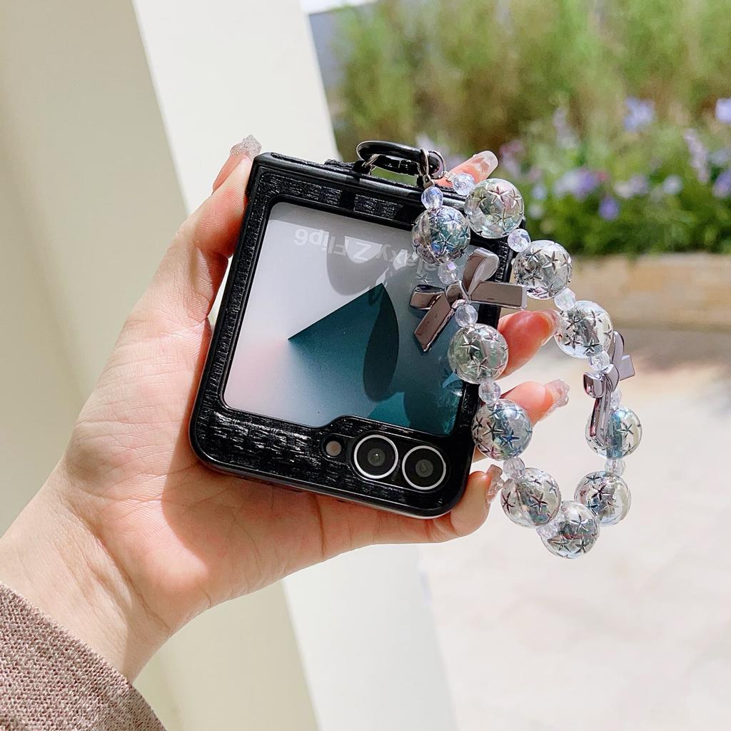 Glitter Pearl Bowknot PU Leather Wrist Strap Phone Case for Samsung Galaxy Z Flip 6 5 4 3 Hinge Protection Shockproof Cover