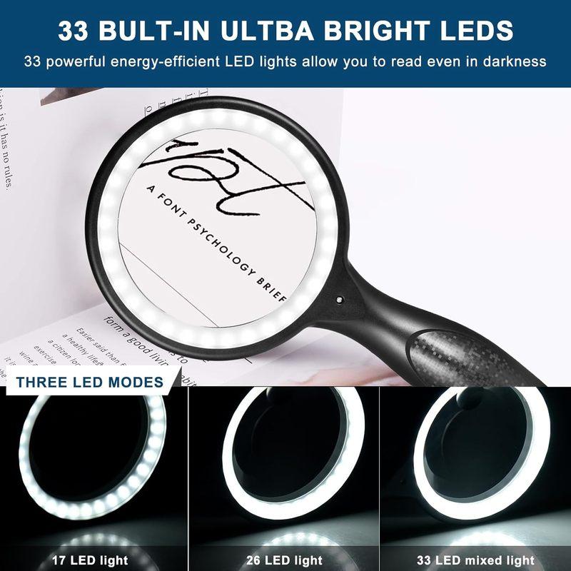 Large Magnifying Glass with Light, 60X 30X Handheld Rechargeable Illuminated Vision Aid Magnifier for Seniors Reading