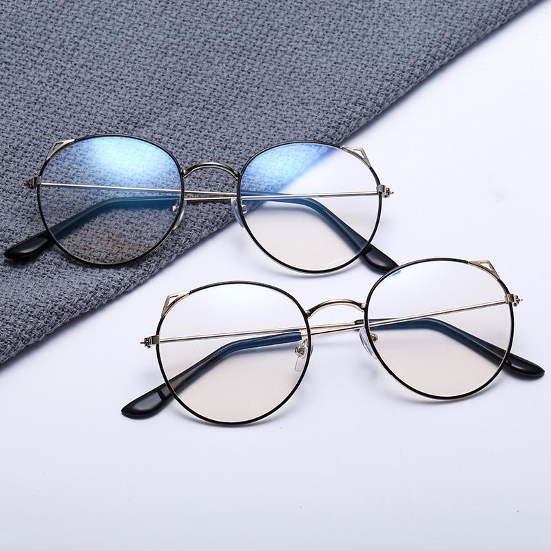 Fashionable Retro Metallic Street Shot Flat Glasses Tide Cat Ears Anti Blue Light Student Plain Makeup Glasses Frame