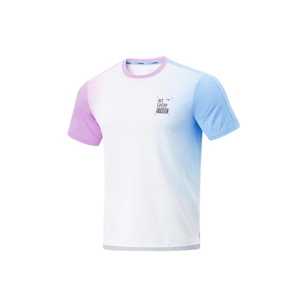 Футболка Li Ning из коллекции для бега Мужская Стандартная Белый Флуоресцентный Небесно-голубой Розово-фиолетовый Полный базовый принт ATSU191-6