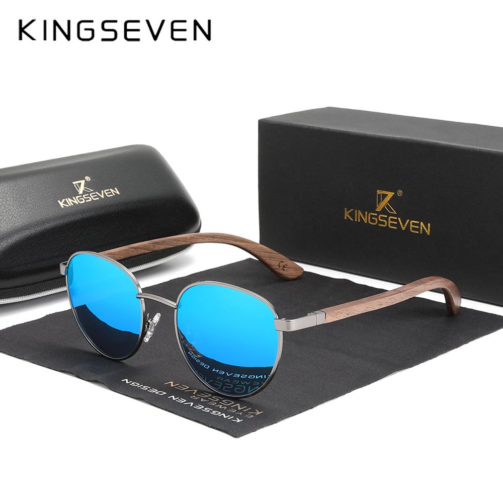 Kingseven 2022 New Handmade Walnut Wood Round Sunglasses Men Women Polarized Mirror Sun Glasses Male Steampunk Shades Oculos