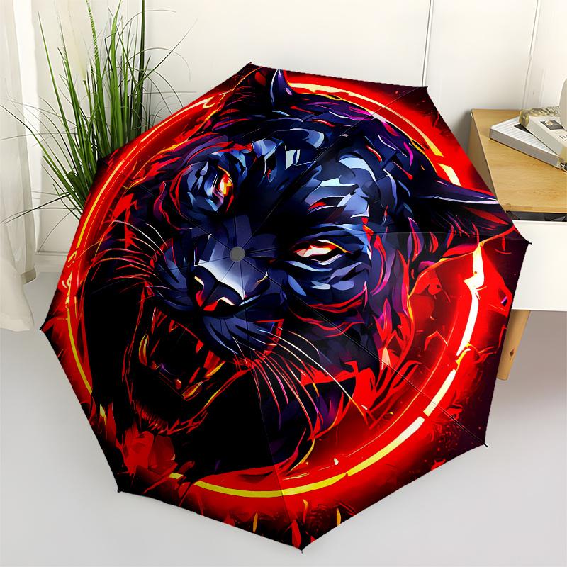 Tiger, Fire Automatic Folding Umbrella 8 Ribs, Durable Iron Frame, Bright Color Pattern Compact Travel Umbrella, Suitable for Outdoor, Beac