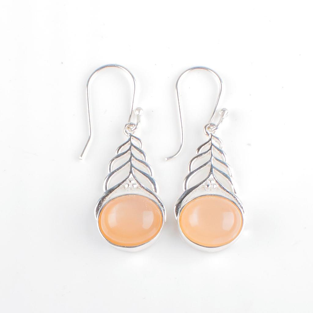 Oval Peach Moonstone Gemstone 925 Sterling Silver Jewelry Wedding Earrings 1.64" CE-1-29