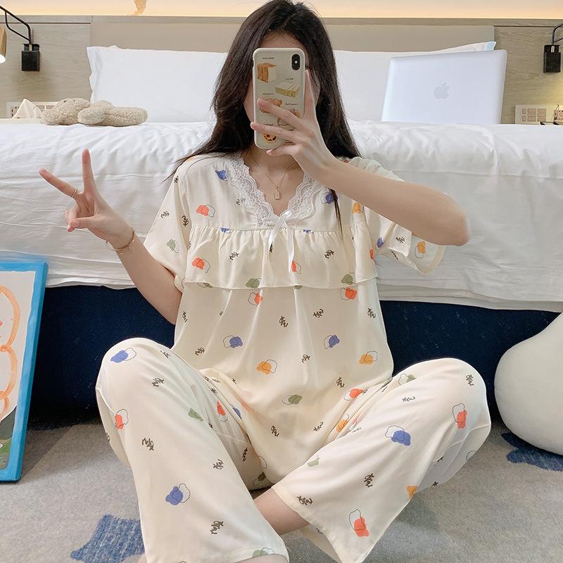 1011 new cotton and silk pajamas women's summer thin short-sleeved trousers set loose Korean version fresh and anti-bumping home