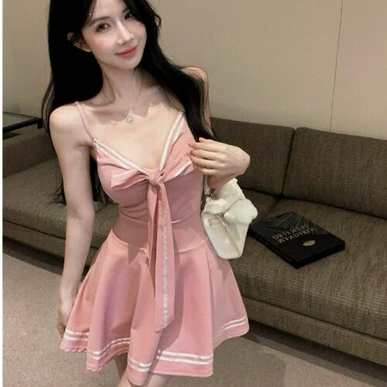 Bow Tie Lace-up Slim JK Uniform Camisole Mini Skirt Dress