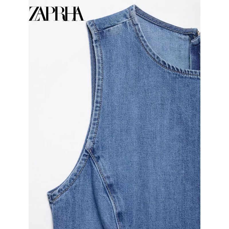 Zaprha 2025 New Arrival Waist-Tight Slim Looking A- Shaped Small Wavy Style Wide Hem Denim Dress 3607080
