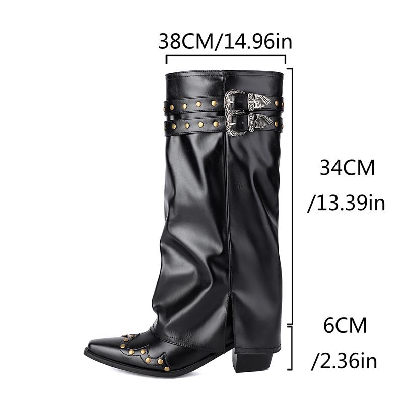 Autumn Winter New Skirt Boots Women's Square Toe Gothic Punk Rivet Knee High Pant Boots Slip On Chunky High Heels Western Boots