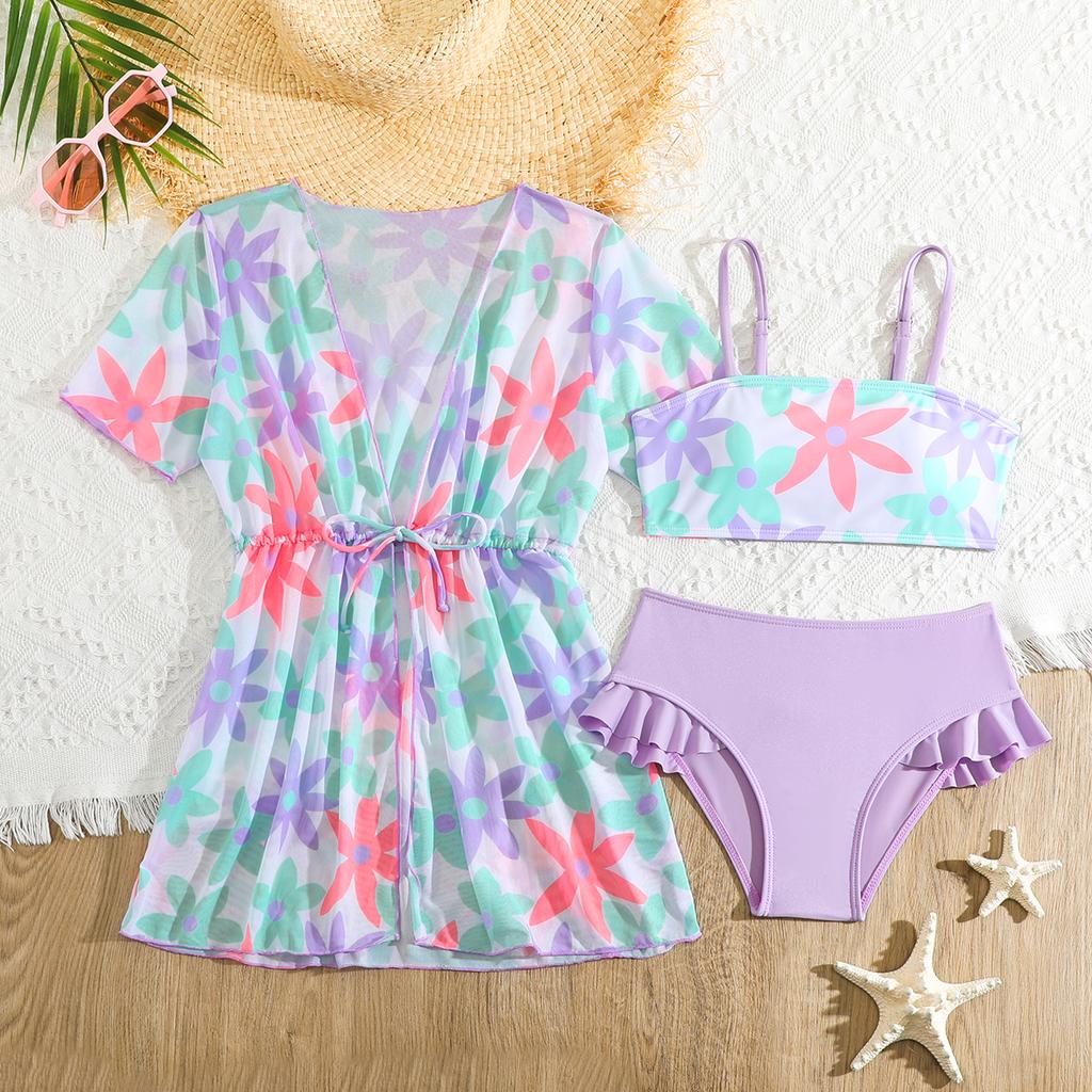 Модный комплект из 3 предметов для девочек, топ с цветочным принтом, однотонный купальник с короткими рукавами, купальный костюм