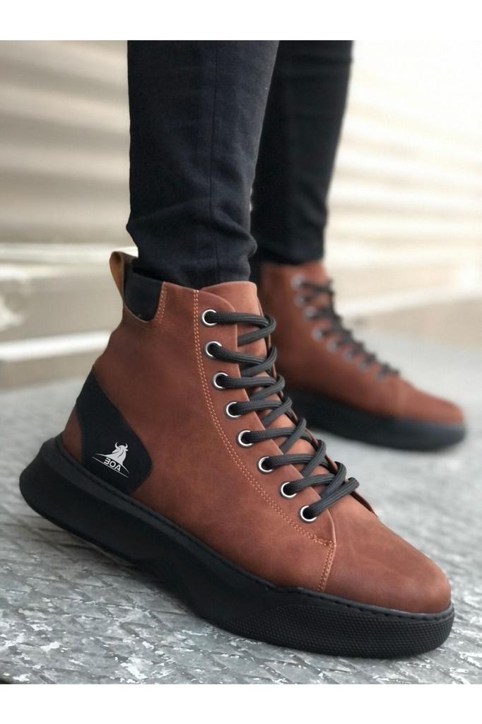 Men's Fashion Faux Leather Flat Heeled Boots Bootie Tan Black Faux Leather Thick High Sole Boots Comfortable Stylish Lace-Up Winter Boots Shoes