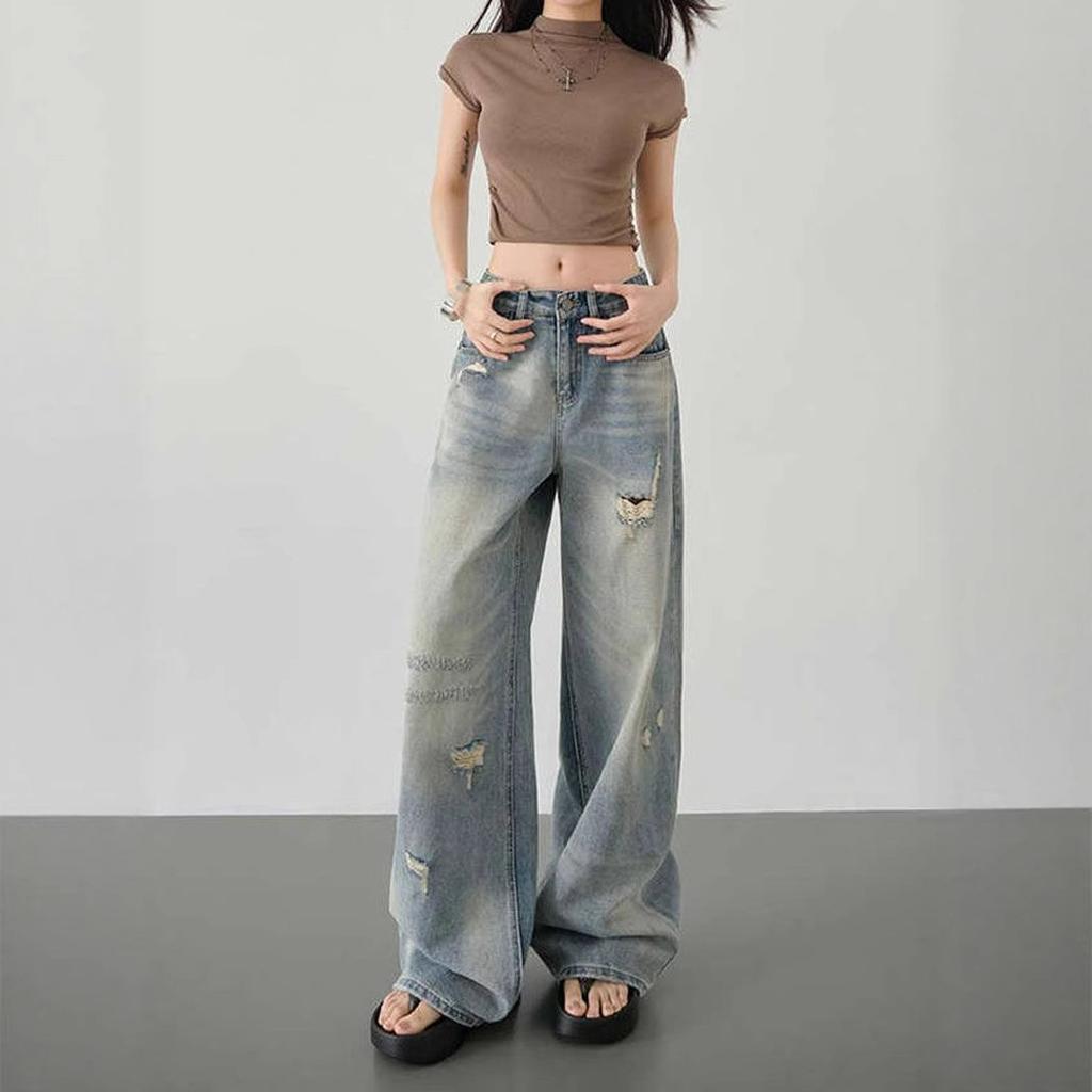 Comfortable High-waisted Broken Holes Jeans Female Annual High Street Small Loose Thin Wide-legged Straight Trousers Jeans for Women Long Denim Pants