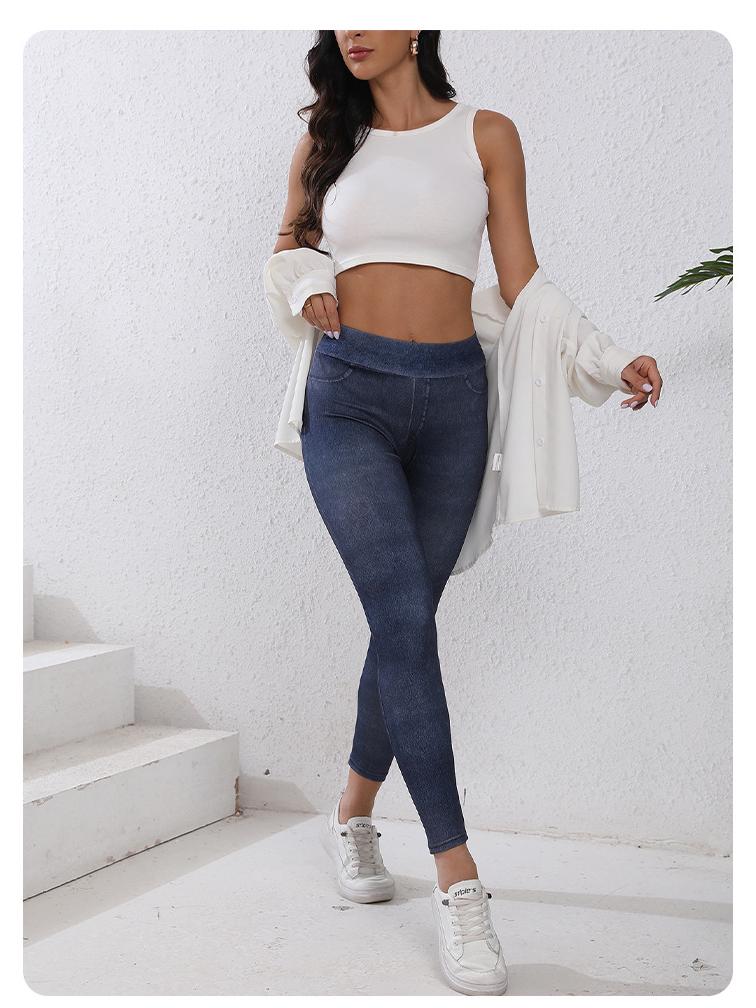 Брюки для йоги из искусственного денима в европейском стиле: Утягивающие, с высокой талией, контроль живота, подтягивающие ноги, увеличивающие бедра, с карманами.