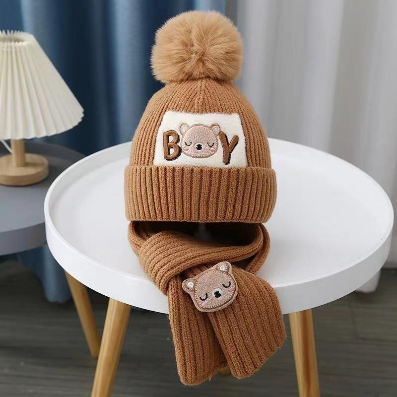 Autumn and Winter Children's Hat Boy Bear Wool Hat Girl Knitted Cotton Warm Baby Hat Scarf Two-piece Set