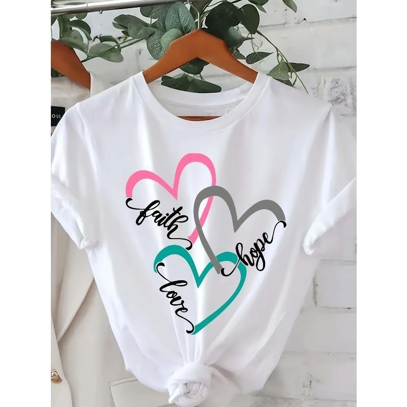 Футболка с принтом 'Faith Love Hope', с коротким рукавом, круглым вырезом, повседневный топ, смесь полиэстера и эластана, стандартная длина, для любого сезона, трикотажная ткань
