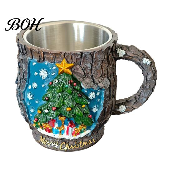 Christmas Party Supplies Theme Mug with Stainless Steel Liner, 3D Relief Hand Decorations Painted Resin Coffee Cup, Decorative Drinkware for