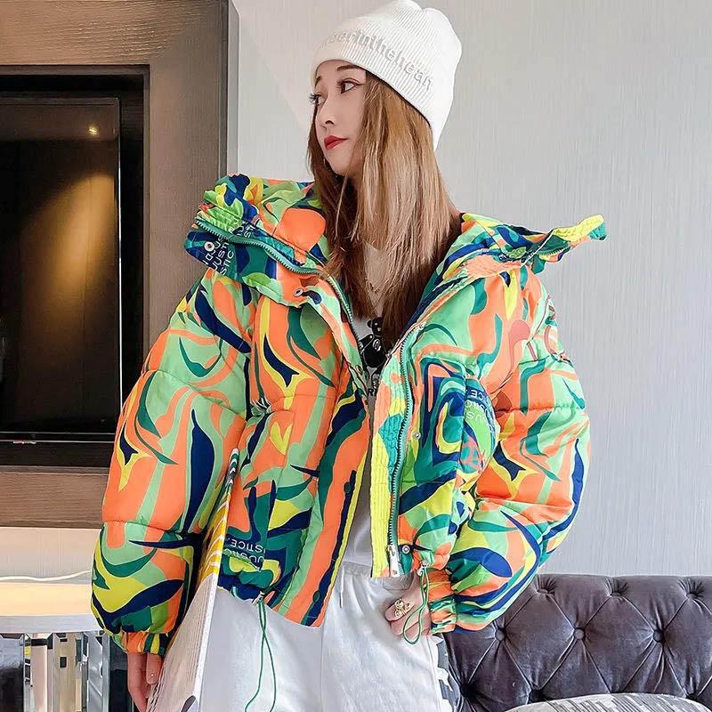 Winter Printed Cotton Jacket Women's Short Hooded Bread Jacket Thicken Fashionable All-match