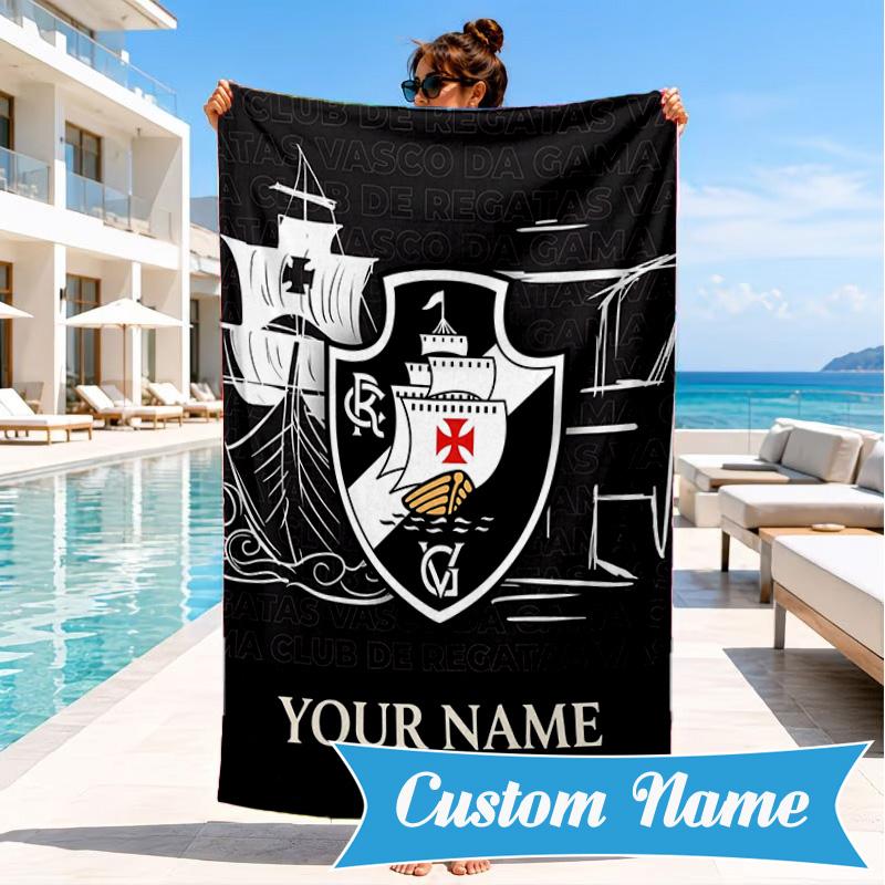 Custom Name Vasco Da Gama Crest Personalized Microfiber Beach Towel, Quick-Dry, Ideal for Summer Travel, Beach Essential, Swimming