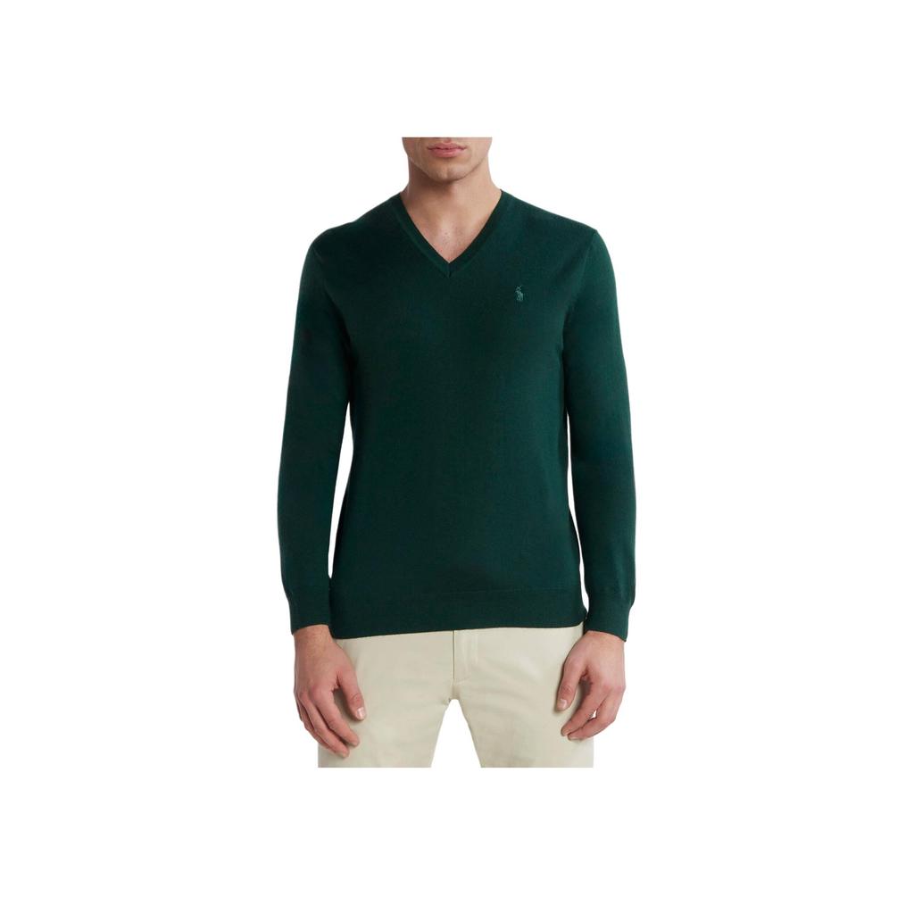 Polo Ralph Lauren FW23 Solid Logo Вышитый V-образный вырез Пуловер Длинный рукав Свитер Мужской свитер Темно-зеленый 710883124-012