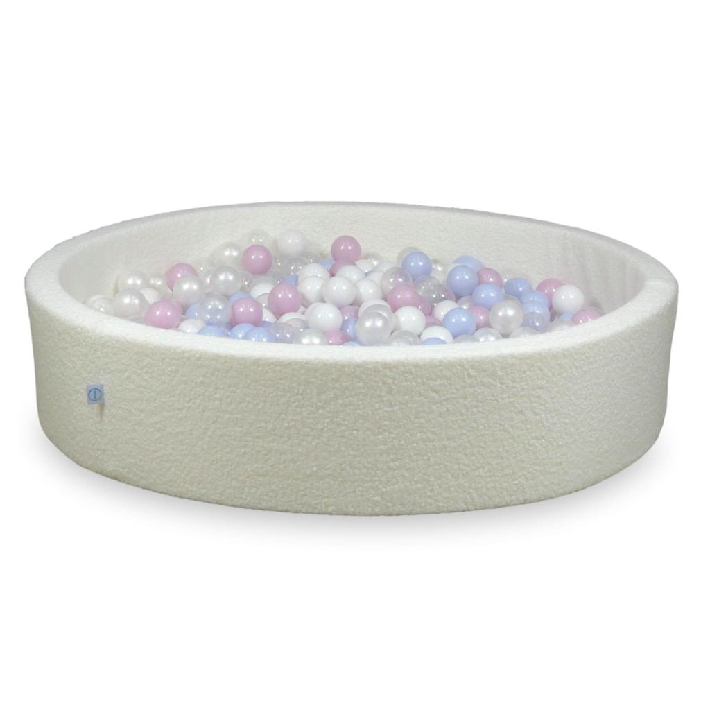Dry pool 130x30 Boucle White 600 balls: transparent, white, pearl, light pink pearl, light blue pearl