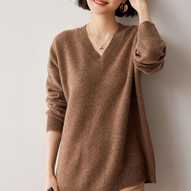 2024 Women's V-Neck Cashmere Wool Knit Mid-Length Sweater - Thick, Loose, Lazy Style.