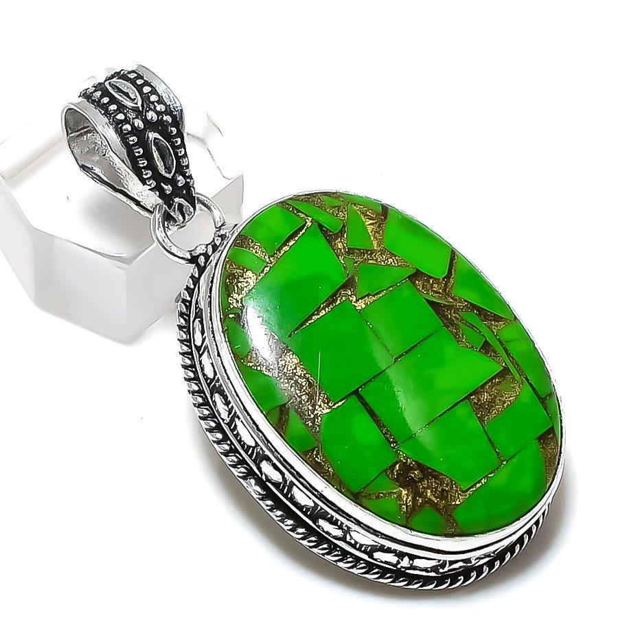 Медь Зеленый Бирюзовый Драгоценный камень 925 Стерлинговое серебро Ювелирное изделие Подвеска 2,13" A7t75