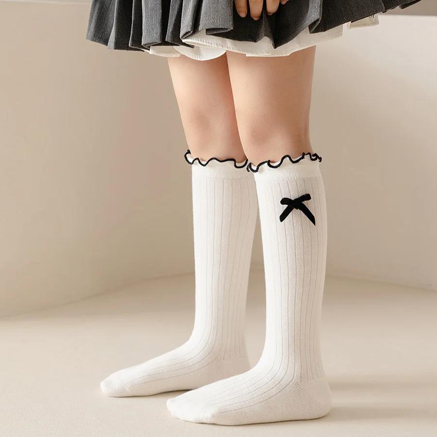1 пара шикарных простых детских носков для девочек, милые модные детские носки с бантом и оборками, для девочек, хлопковые школьные носки на весну и осень