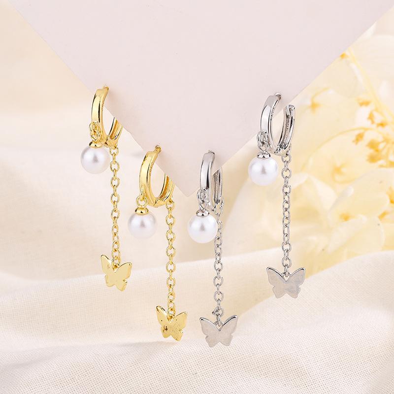 Elegant Short Pearl Huggie Earrings With Sweet Butterfly Tassel Niche Design For Women Trendy And Chic Jewelry