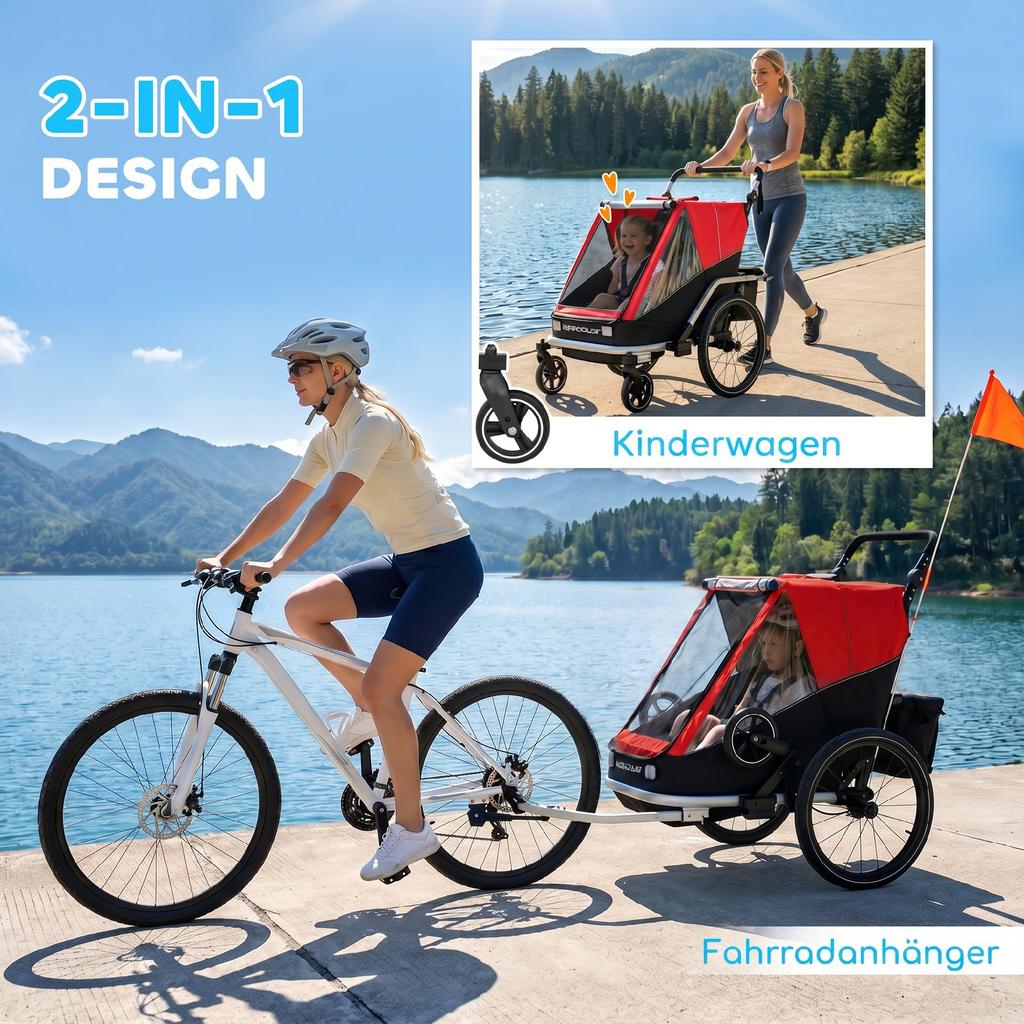 Bike Trailer for Kids, 2-Seater, 2-in-1 Foldable Kids' Bike Trailer with Adjustable Seat and Harness, Red