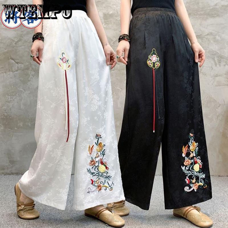 Весна и лето Новые женские широкие брюки в китайском этническом стиле с вышитыми цветами, повседневные свободные брюки