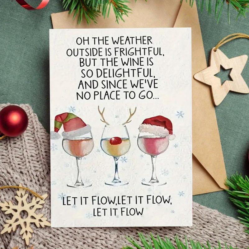 1 Christmas Card with Envelope, Wine Lover Theme Card, for Christmas Parties, Gifts, Colleagues, Friends, Family, Holiday Cheers