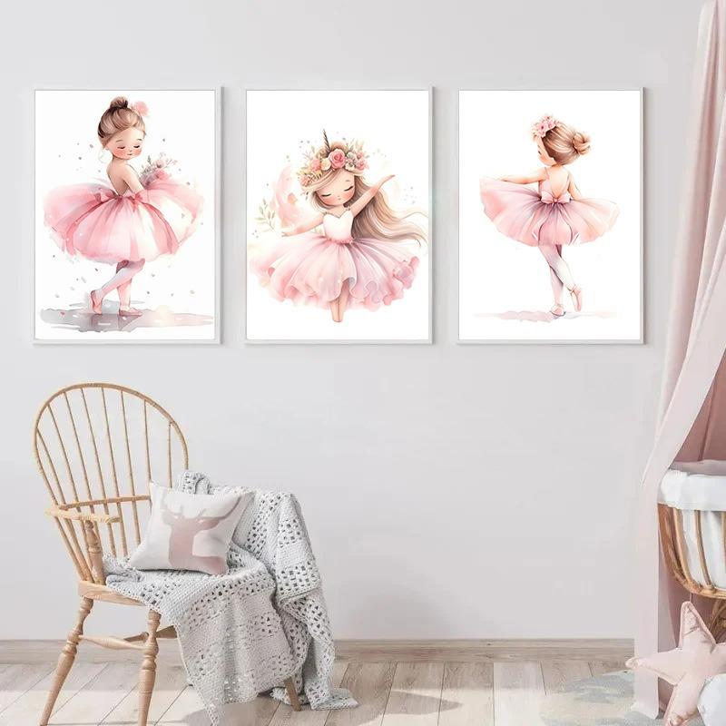 Pink Ballerina Girl Unicorn Butterfly Kids Room Decorative Canvas Painting Nursery Wall Art Poster Pictures Baby Bedroom Decor
