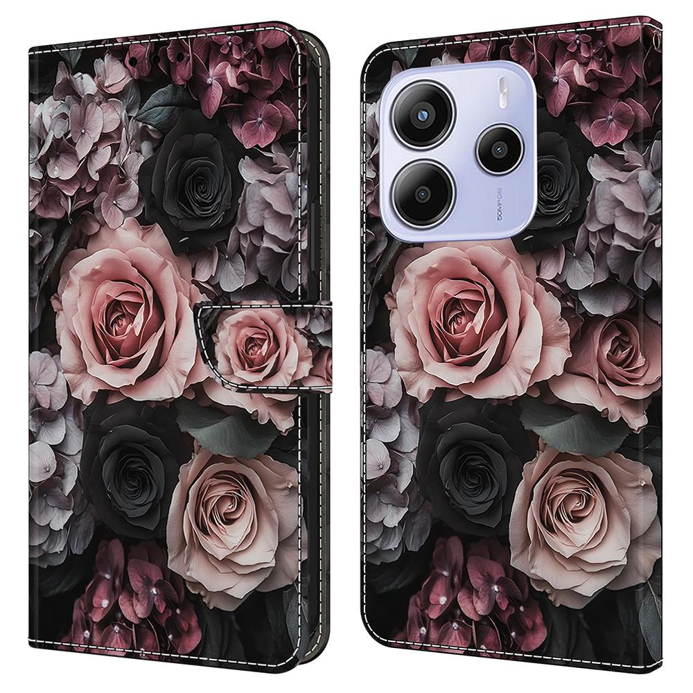 Для Xiaomi Redmi Note 14 4G (164,84мм) Кожаный чехол с принтом, кошелек-подставка, откидная крышка для телефона