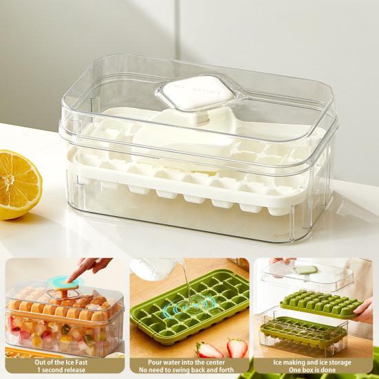 Форма для льда с лопаткой и контейнером, штабелируемая форма для льда для морозильника, легкосъемное силиконовое дно, дизайн с нажатием в одно касание, льдогенератор для напитков, кофе, коктейлей