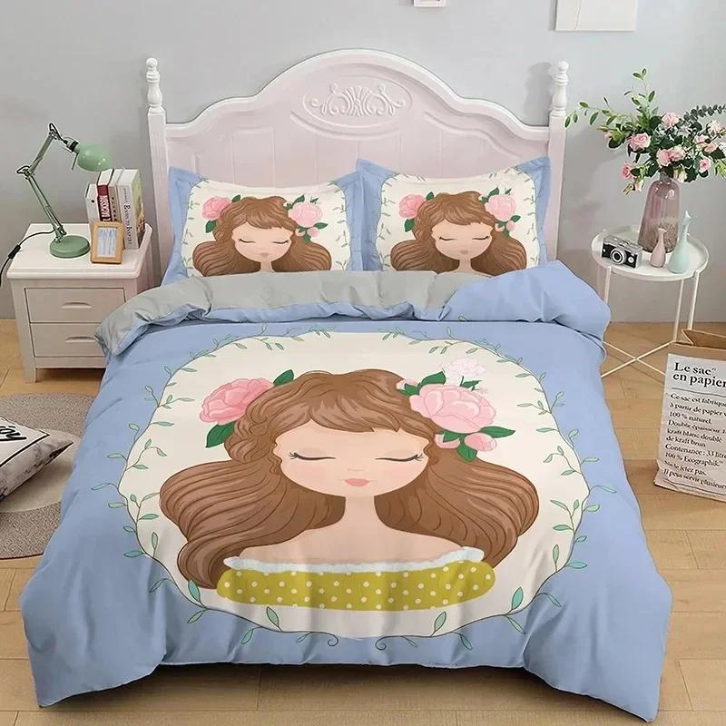 Cartoon Girly Watercolor Fashion Printed Bed Set Duvet Cover Pillowcase Bedding Set Linen Sheet Quilt Cover Full Queen King Size