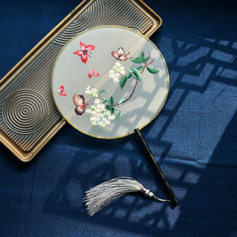 Circular Round Hand Fan, Chinese Traditional Art Embroidery, Classical, Ancient Costume, Han Fu Cheongsam with Long Handle