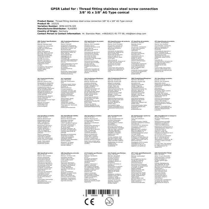 Stainless Steel Threaded Fitting 3/8" Male X Female - Conical Type