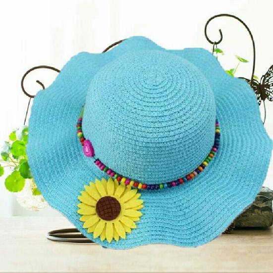Шляпа от солнца для мальчиков и девочек, солнцезащитный дизайн, дышащая пляжная шляпа, волнистые поля, желтые цветы, бусины, плетеная соломенная шляпа